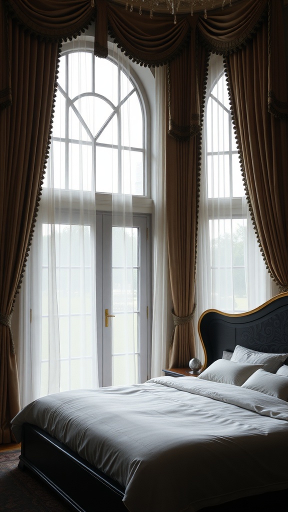 Luxurious bedroom with elegant window treatments and a spacious bed
