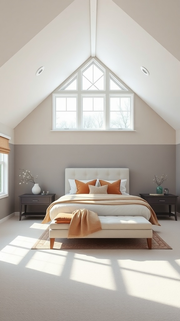 A beautifully designed bedroom with a sloped ceiling and large triangular window, showcasing elegant window treatments.