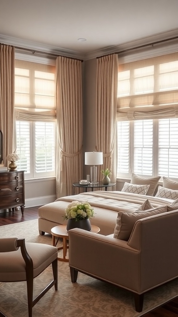 A formal living room featuring elegant window treatments with soft beige curtains and sheer shades.