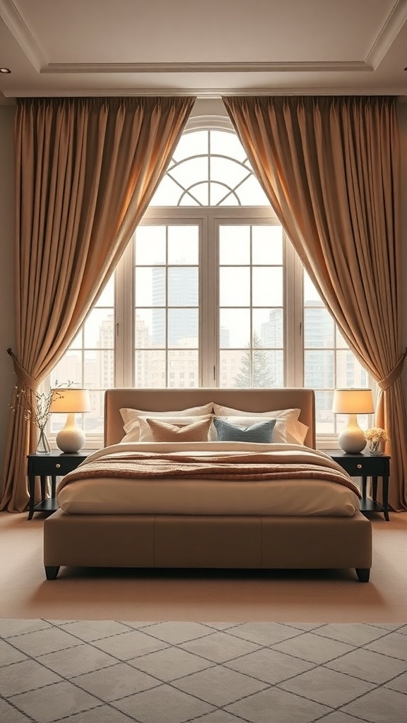 Luxurious master bedroom with elegant window treatments and soft lighting