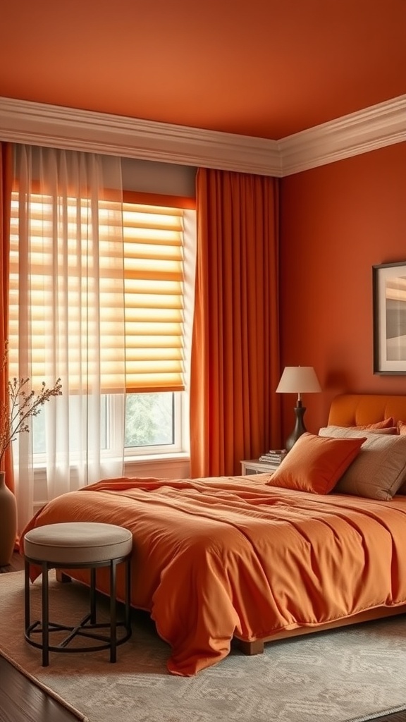 A burnt orange bedroom featuring elegant window treatments with sheer curtains and blinds.