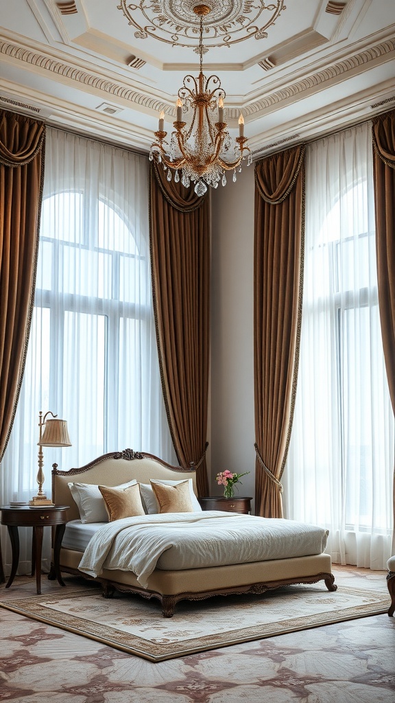 Luxurious bedroom with elegant window treatments and chandelier