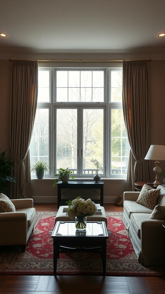 Elegant living room with drapes framing large windows, featuring cream-colored furniture and a red area rug.