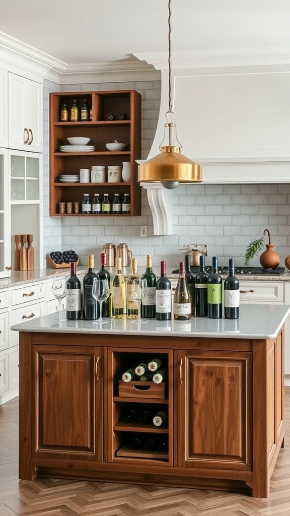 Wine display on a kitchen island with various wine bottles and glasses.