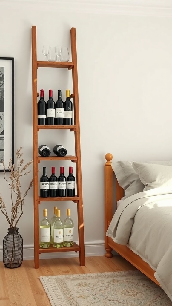 A wooden ladder wine rack displaying red and white wine bottles, with glasses on top, next to a bed.