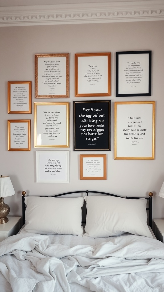 A cozy bedroom featuring a gallery wall of framed song lyrics.