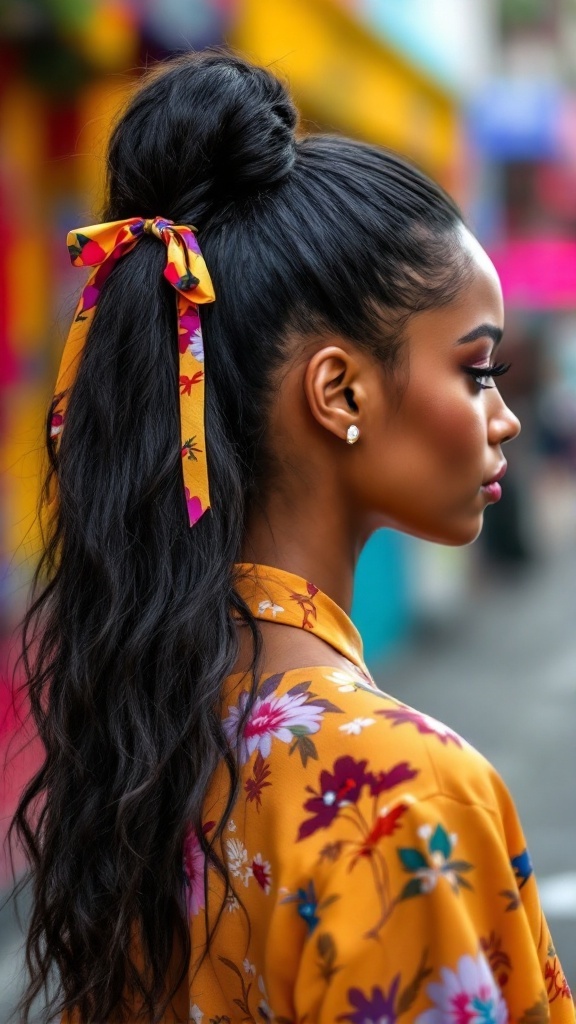 A woman with thick hair styled in an elevated ponytail, adorned with a colorful ribbon.