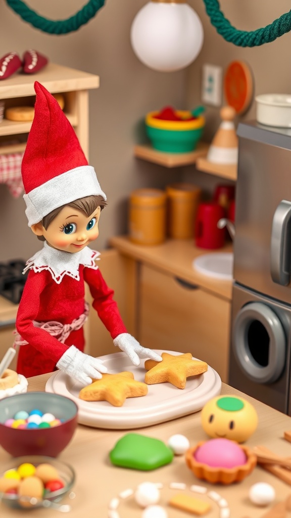 An elf in a kitchen, shaping star-shaped cookies with play dough, surrounded by colorful bowls and cookie-making tools.