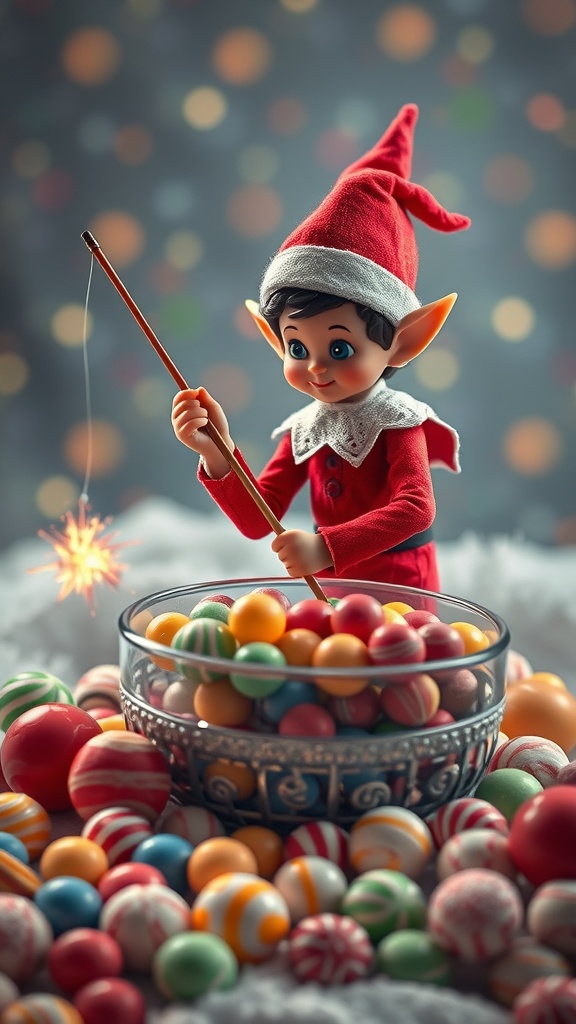 An elf doll fishing in a bowl filled with colorful candies.