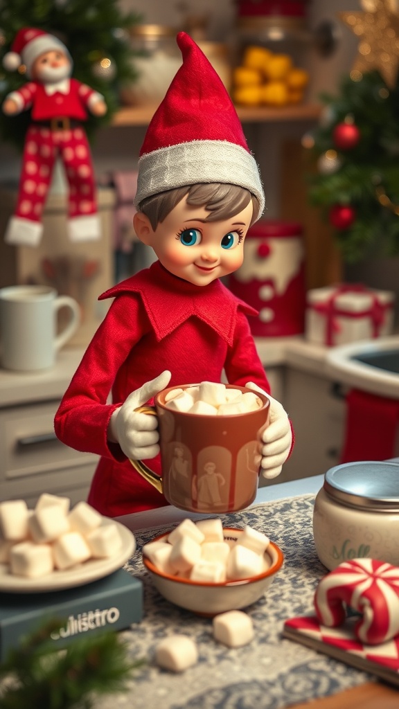 An elf in a red outfit and hat making hot chocolate with marshmallows in a cozy kitchen.