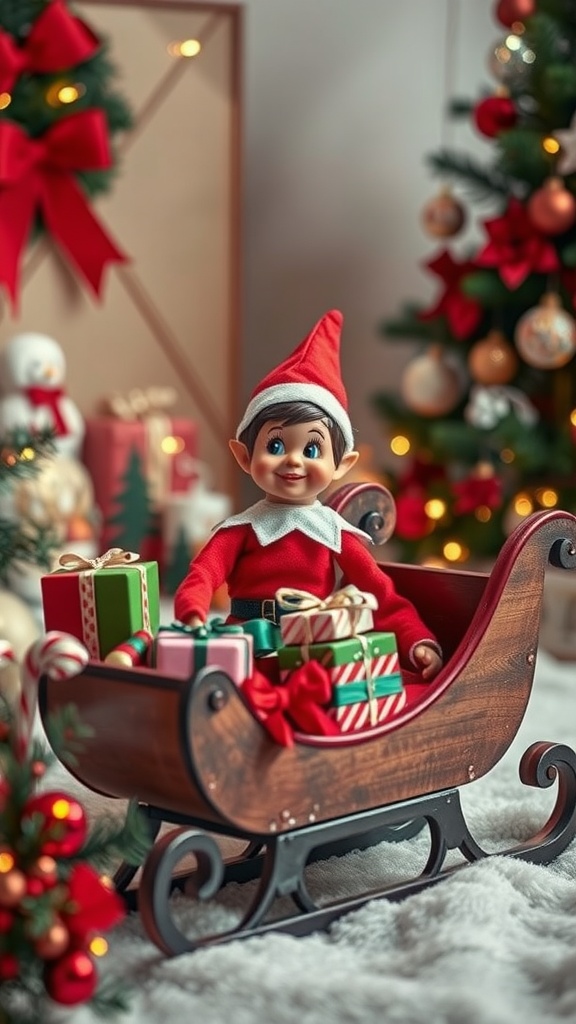 A cheerful elf in a wooden sleigh surrounded by colorful gifts, set against a festive backdrop.