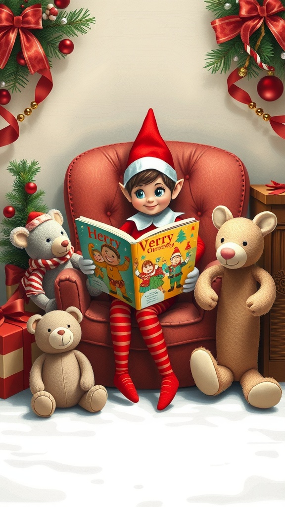 An elf sitting in a cozy chair reading a Christmas storybook surrounded by teddy bears and festive decorations.