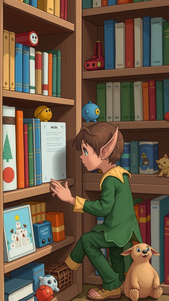A playful elf examining a bookshelf filled with books and toys, with a dog sitting beside him.