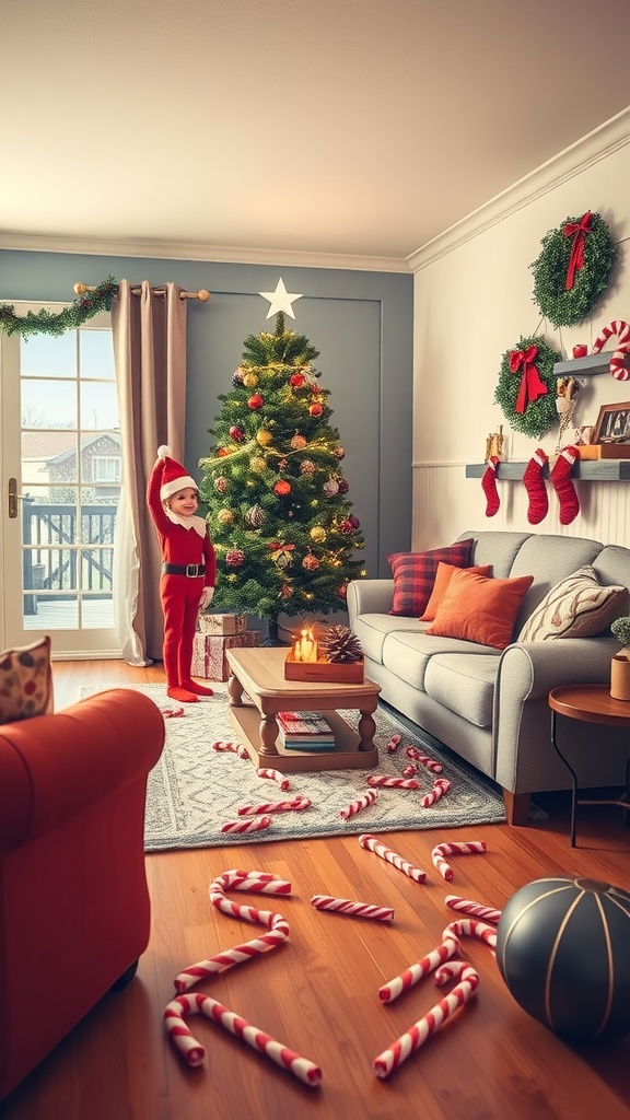 A cozy living room decorated for Christmas with a child dressed as an elf, surrounded by candy canes and a Christmas tree.