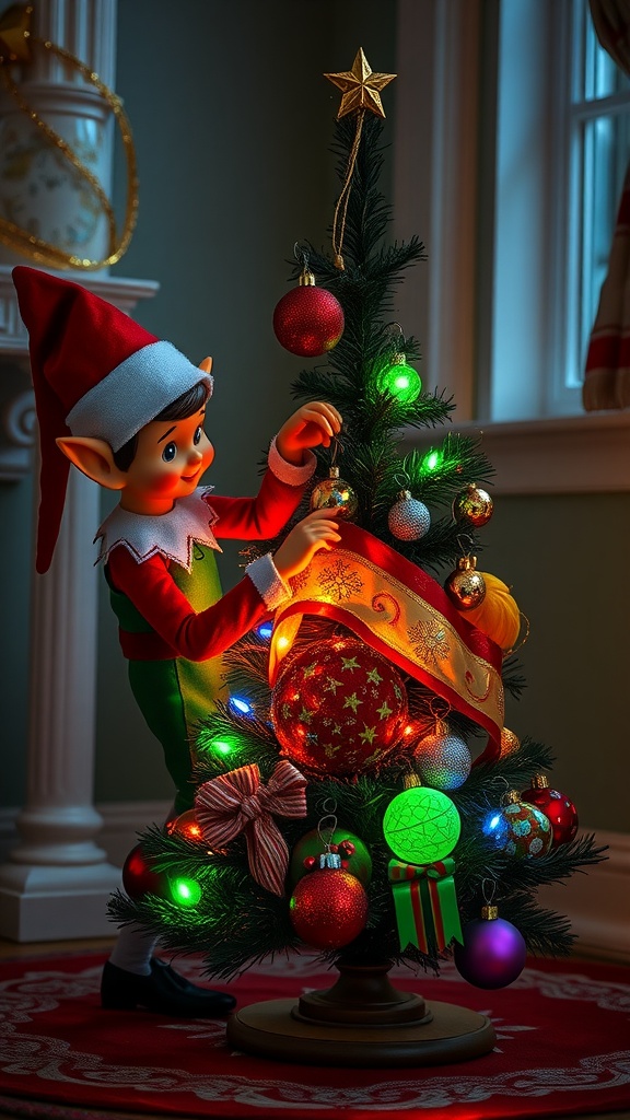An elf decorating a small Christmas tree with colorful ornaments and lights