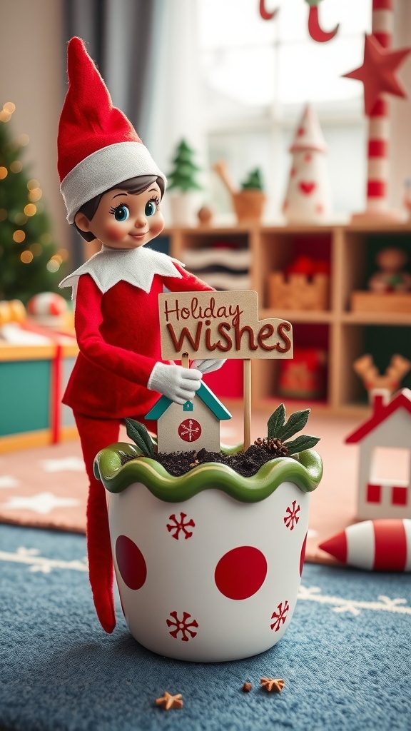 Elf on the Shelf holding a 'Holiday Wishes' sign next to a colorful pot with dirt and leaves.