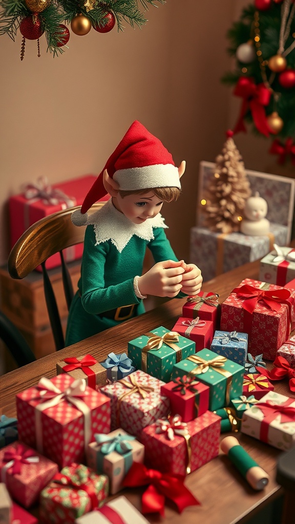 A cheerful elf in a festive outfit sitting at a table with colorful wrapped gifts, preparing to wrap more presents.