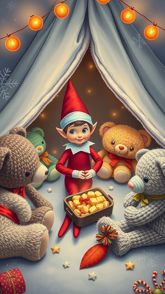 An elf in pajamas hosting a pajama party with teddy bears in a cozy tent.