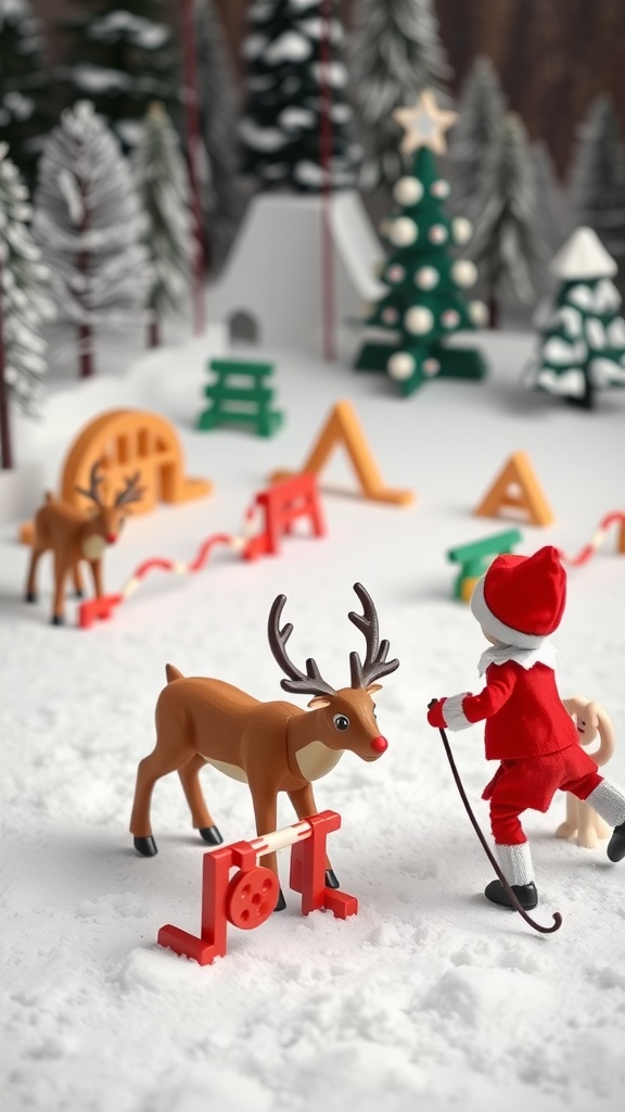 A festive scene featuring an elf training a reindeer at a snowy camp with colorful obstacles.