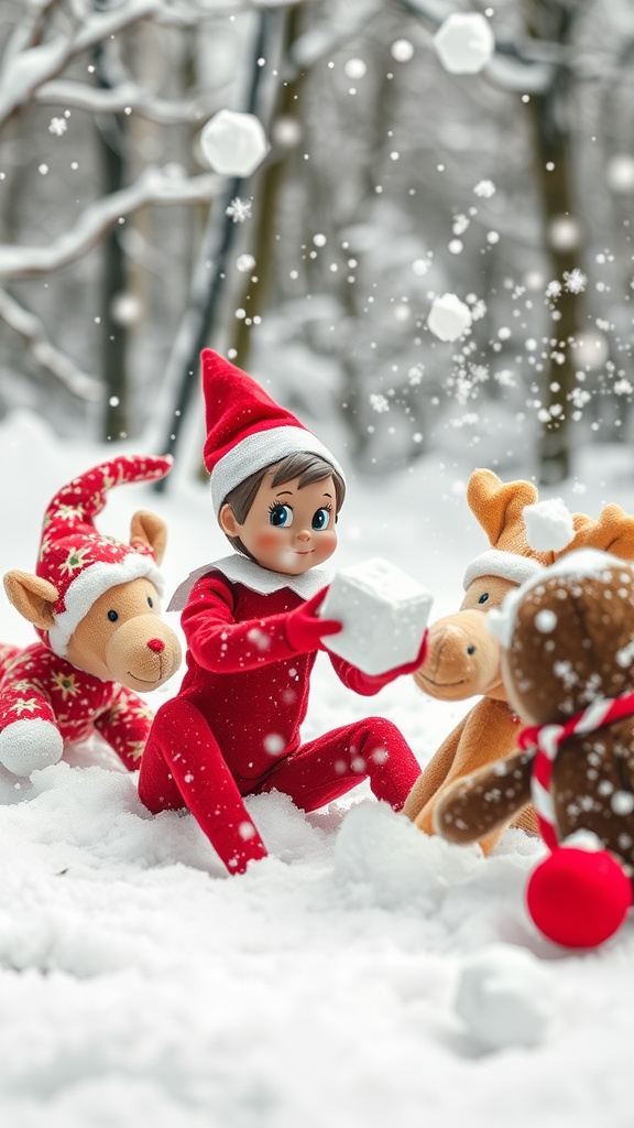 Elf on the Shelf having a snowball fight with stuffed animals in the snow.