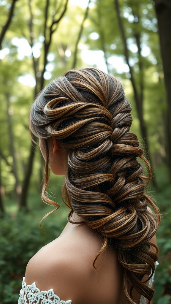 A beautiful elven half-up half-down hairstyle with intricate braids and cascading waves, set in a forest background.