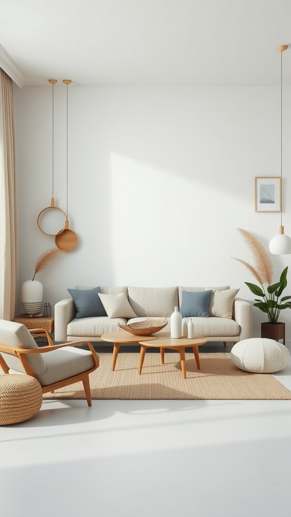 A minimalist earthy living room with soft colors, natural materials, and plants.