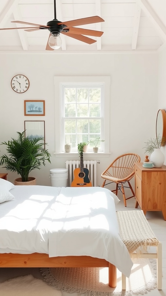 A bright cottage bedroom featuring a minimalistic design with white bedding, wooden furniture, and green plants.