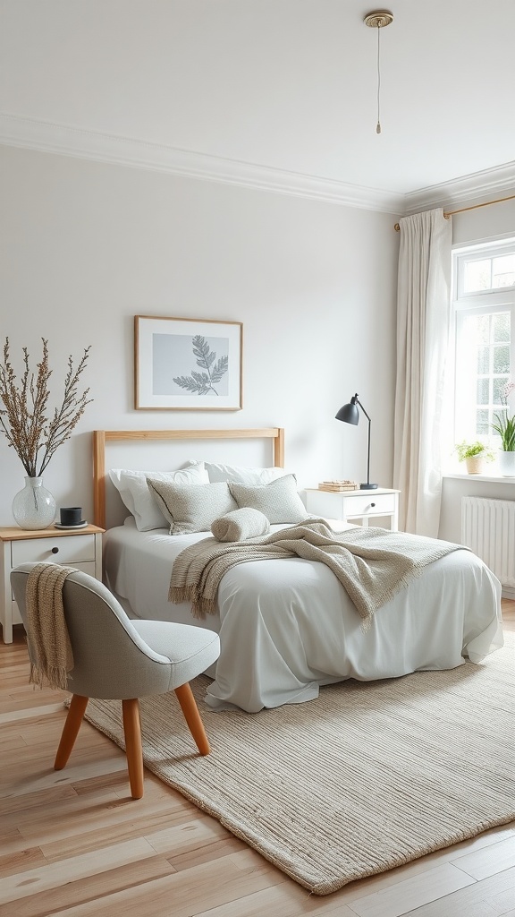A minimal Scandinavian bedroom featuring neutral tones, a cozy bed, a wooden chair, and natural light.