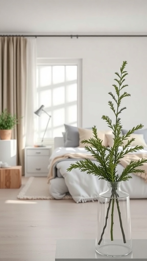 A cozy bedroom with a minimalist design featuring a clear vase with greenery, soft bedding, and natural light.