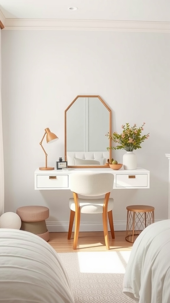 A minimalist bedroom vanity and desk combo featuring a sleek white desk, an octagonal mirror, and a cozy chair in a softly lit room.
