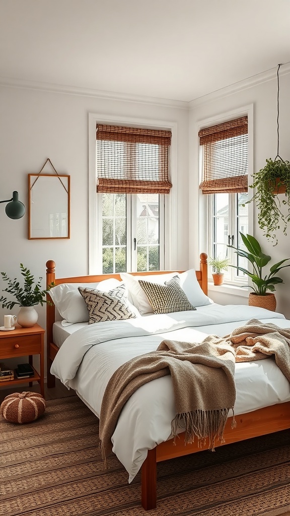 A cozy Scandinavian boho bedroom featuring a wooden bed, woven rug, and plants.