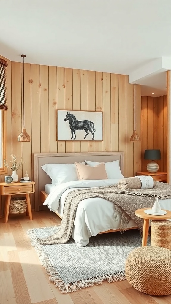 A Scandinavian boho bedroom featuring wooden walls, layered bedding, and natural textures.