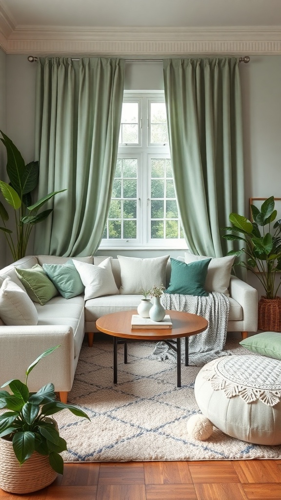 A cozy living room featuring sage green accents, a sectional sofa, and plants.