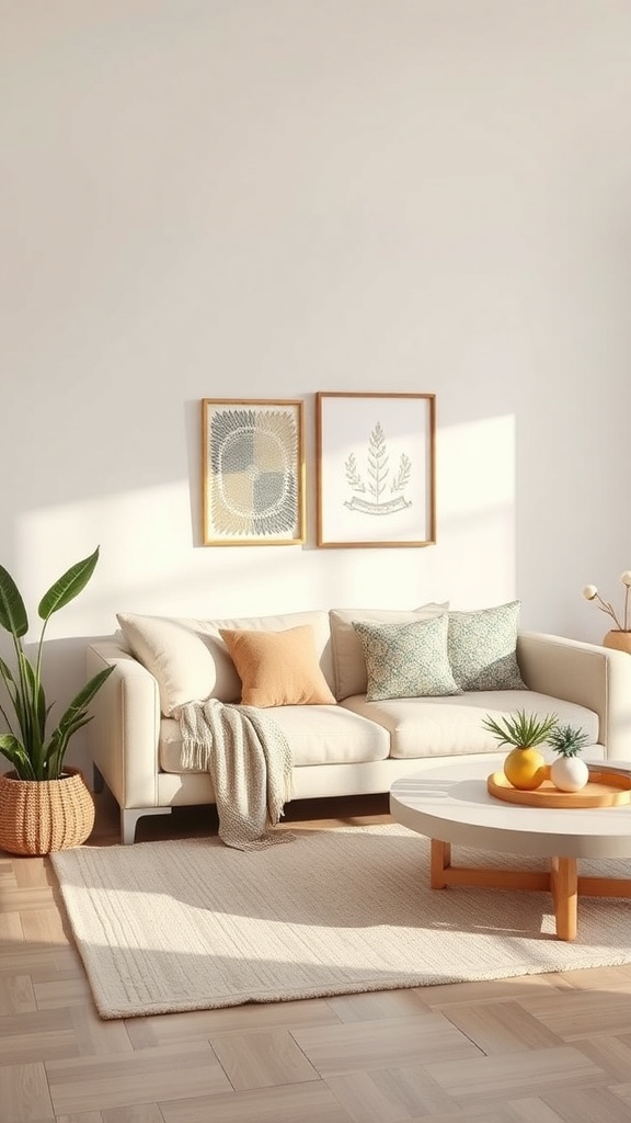 Cozy living room with neutral color palette featuring a beige sofa, decorative pillows, and plants.