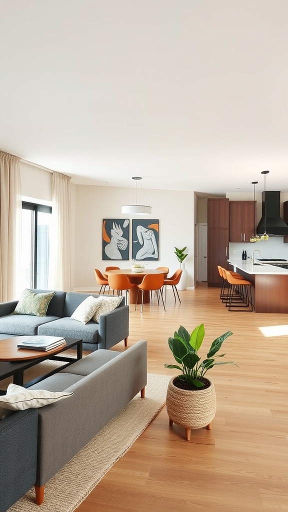 A stylish open concept living room with a gray sofa, a wooden coffee table, orange dining chairs, and a large window.