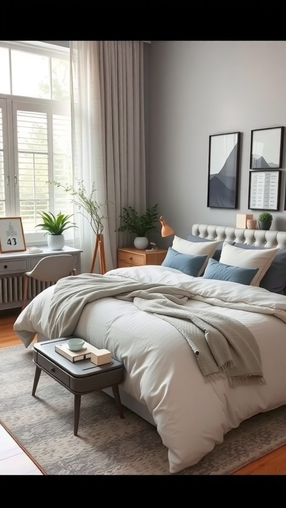 A monochrome bedroom featuring gray walls, bedding, and accents with natural light and plants.