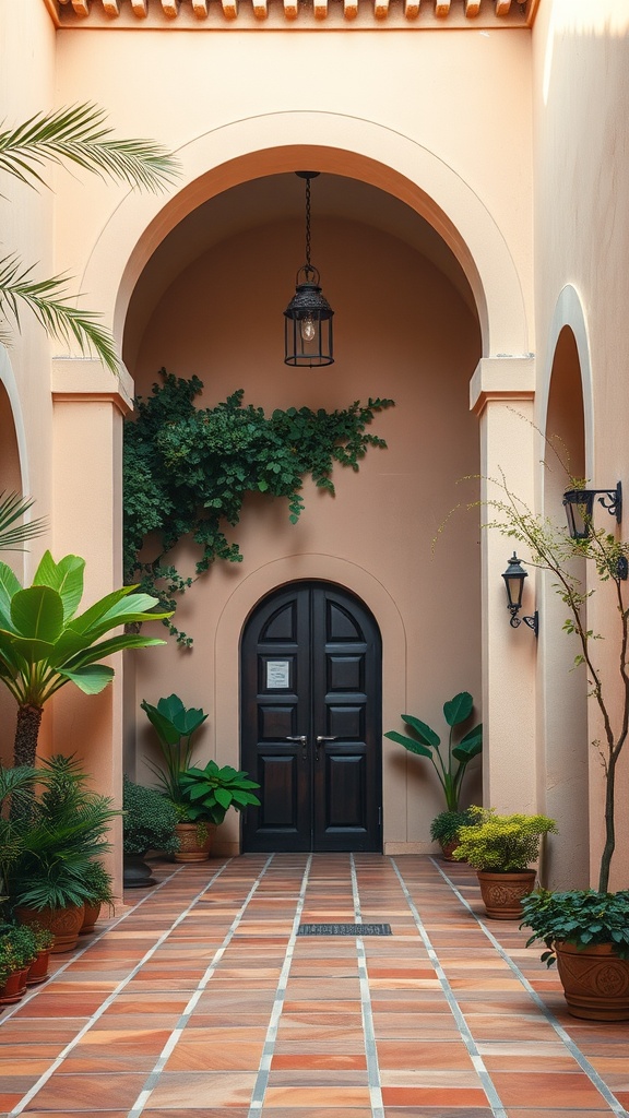 Mediterranean-style courtyard with arches, plants, and a wooden door.