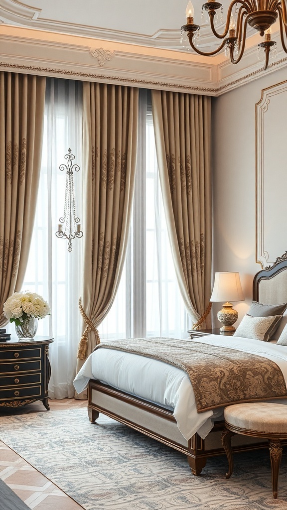 A luxurious bedroom featuring embroidered curtains, elegant furnishings, and soft lighting.