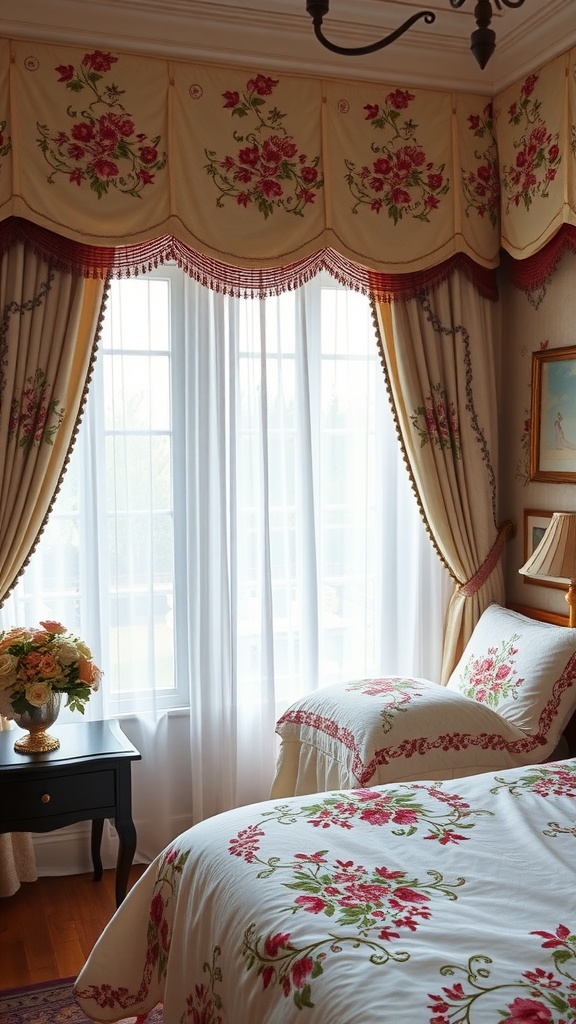 A cozy bedroom featuring embroidered floral fabrics on the bed and curtains, with a floral arrangement on a side table
