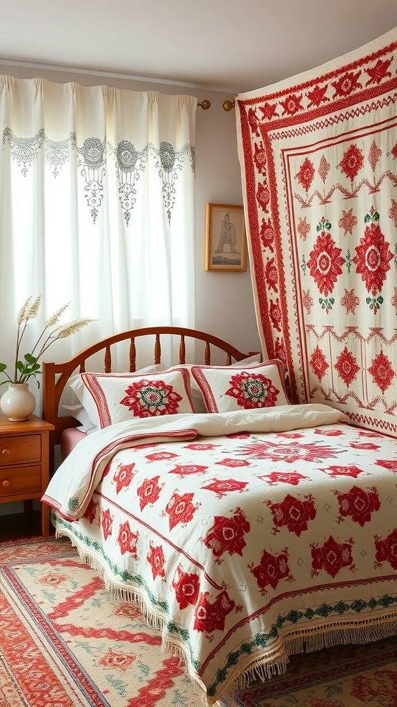 A cozy bedroom featuring embroidered textiles with red and green patterns on a white background.