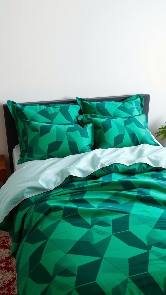 Emerald green bedding with geometric patterns on a bed