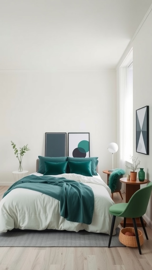 A minimalist bedroom featuring an emerald green bedspread and pillows with light bedding, complemented by green accents in decor and artwork.