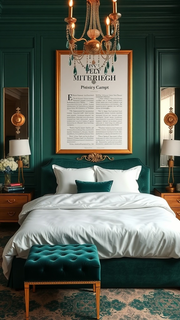 An elegant emerald green bedroom featuring gold accents, a chandelier, and luxurious bedding.