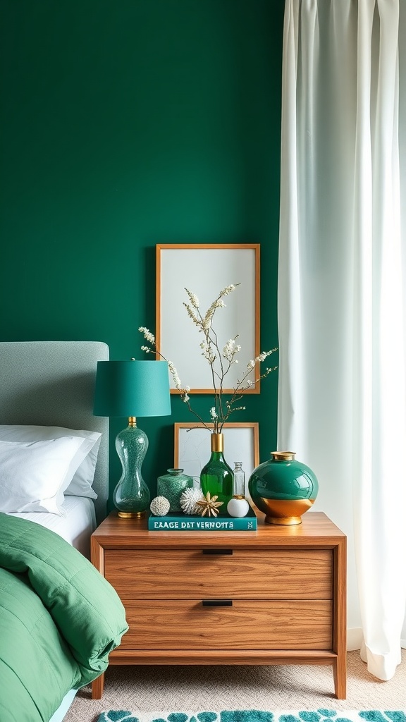 An emerald green bedroom showcasing a nightstand with green accents, a lamp, and decorative objects