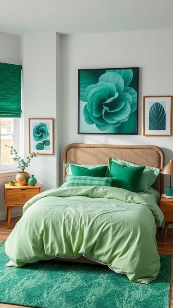 A cozy emerald green themed bedroom with floral art and layered bedding.