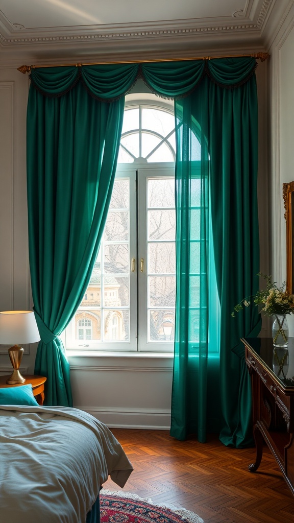 A bedroom with emerald green curtains framing a window, a bed with beige linens, and a lamp beside it.
