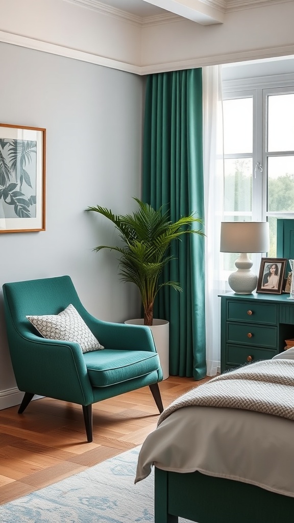 A cozy bedroom featuring an emerald green armchair, curtains, and matching furniture against a neutral wall.