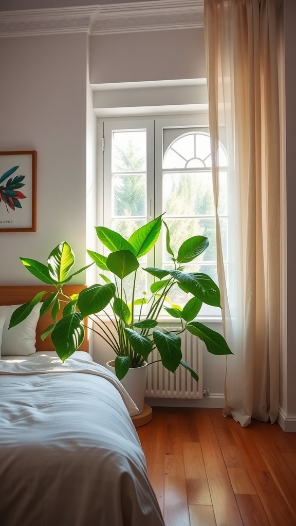 A bright bedroom featuring a large green plant near a window, with soft curtains and a comfortable bed.