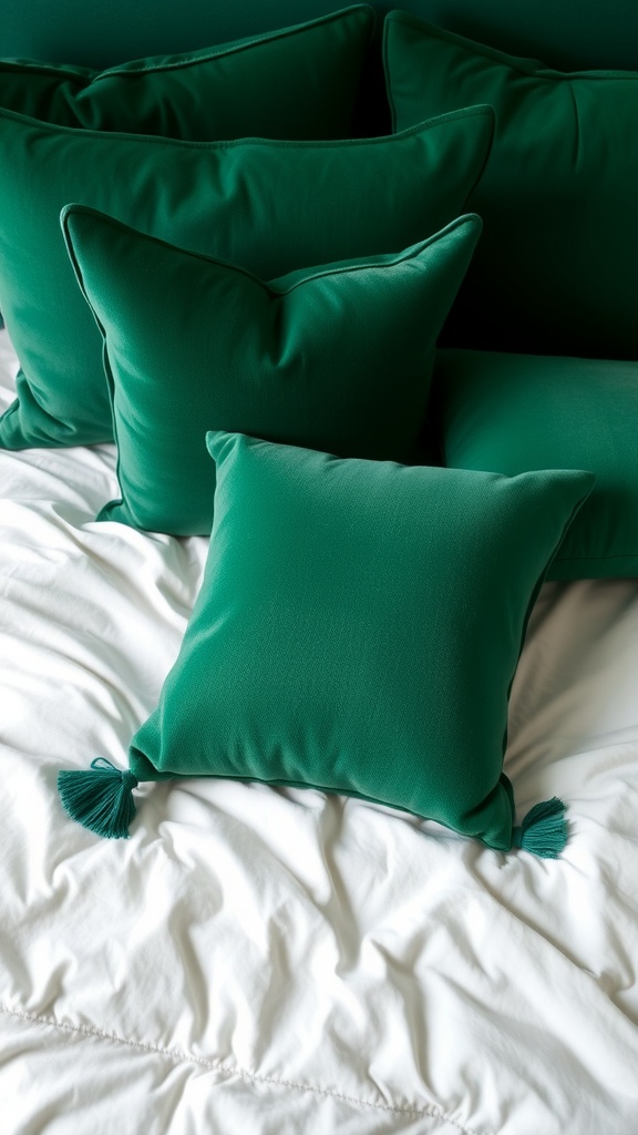 A collection of emerald green throw pillows on a white bed
