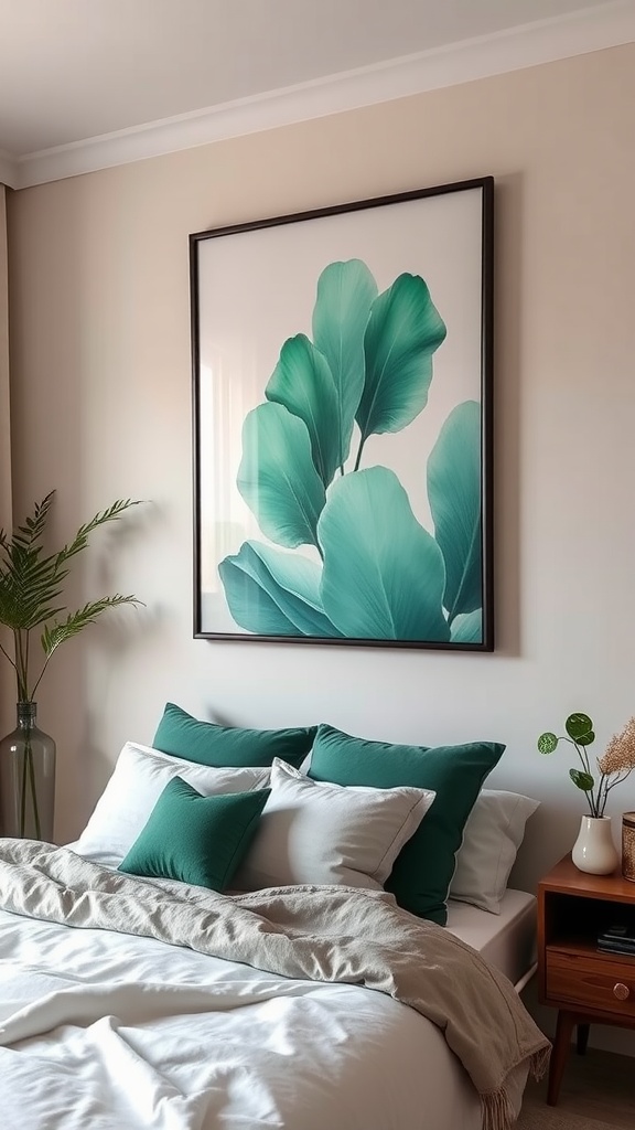 A bedroom featuring emerald green wall art with large green leaves, complemented by matching green bedding and a cozy atmosphere.